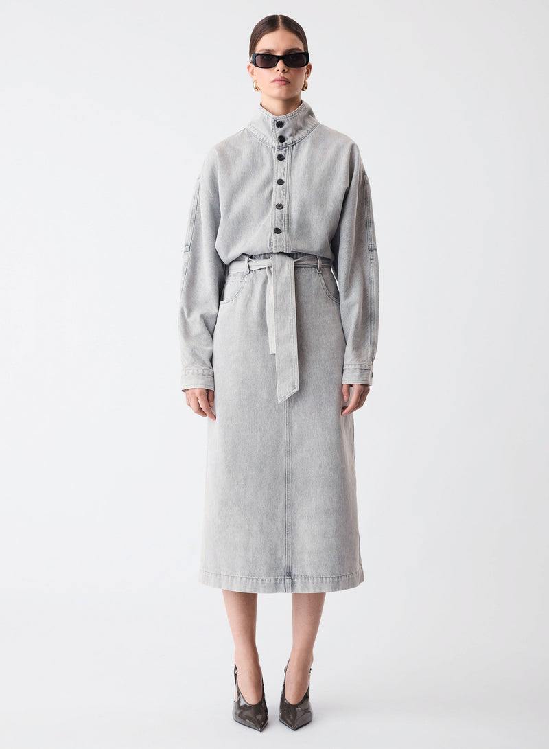 denim grey dress Pearl Embellished GREY Denim Midi Dress  Chic Look GREY / 1X